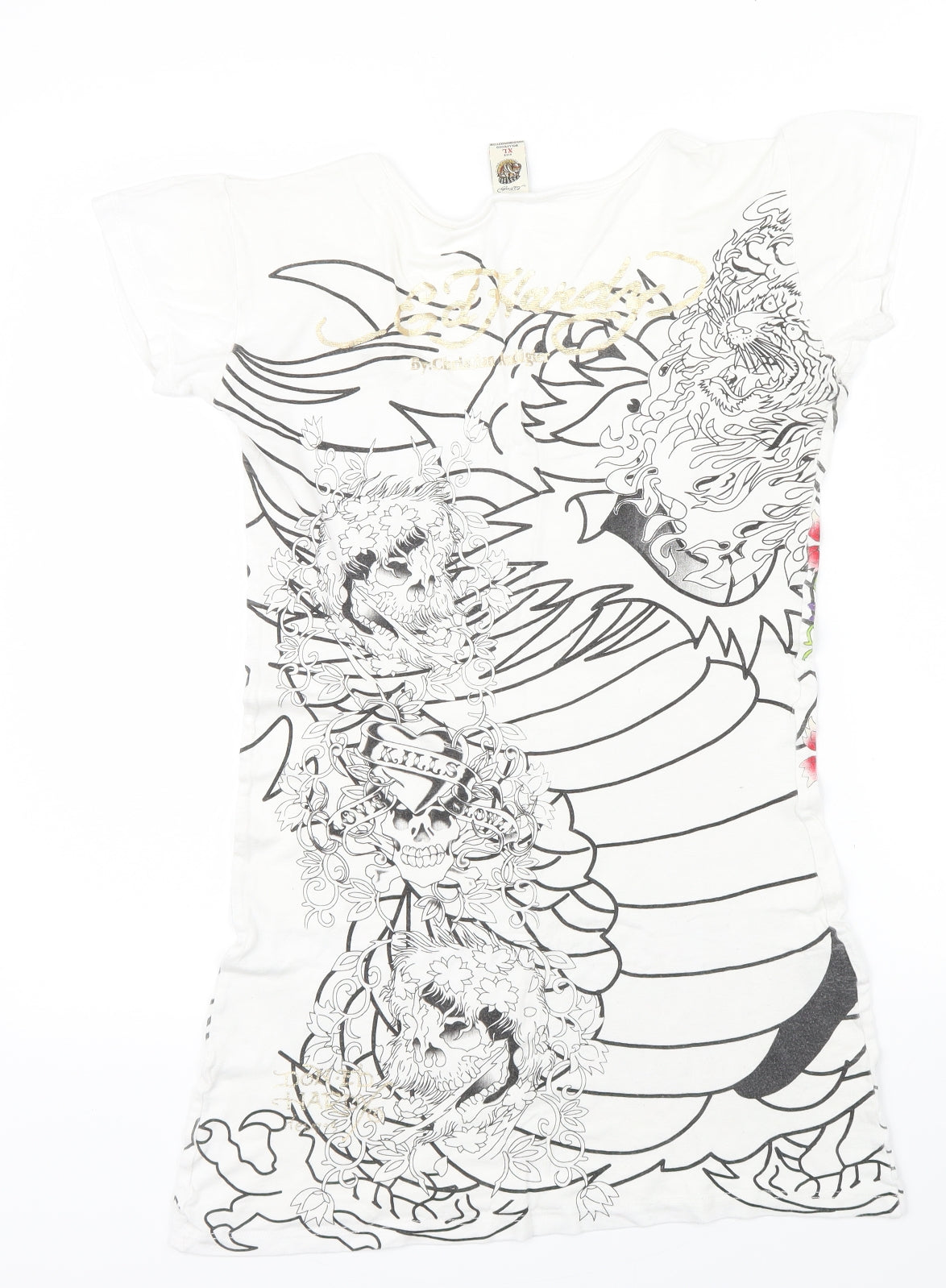 E L Hardy Womens White Colourblock  Basic T-Shirt Size XL  - sculls