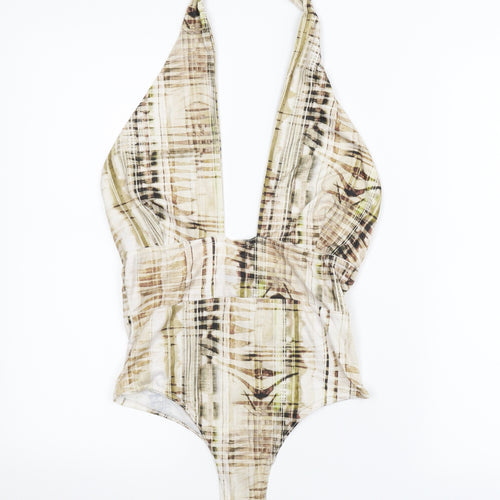 PRETTYLITTLETHING Womens Beige Striped  Leotard One-Piece Size 8