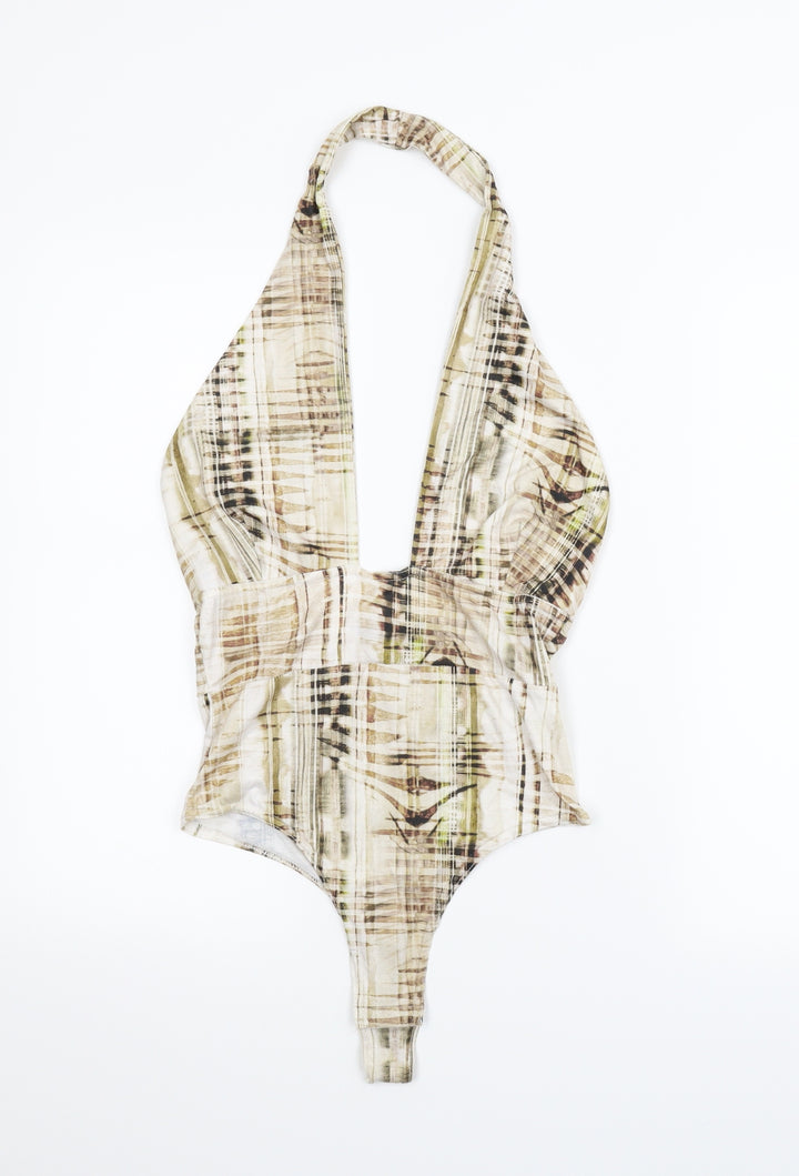 PRETTYLITTLETHING Womens Beige Striped Leotard One-Piece Size 8