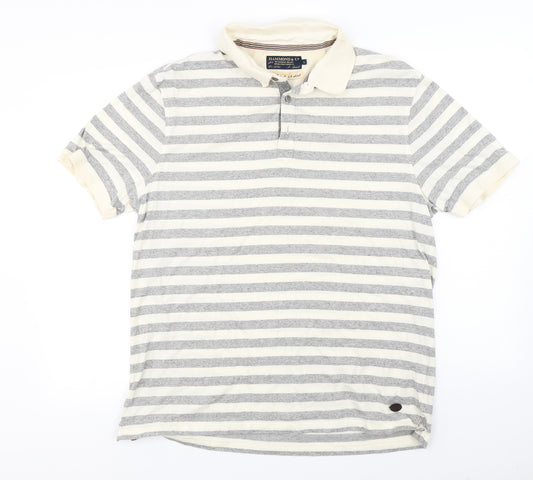 Front view of Hammond & CO men’s ivory striped polo, size L