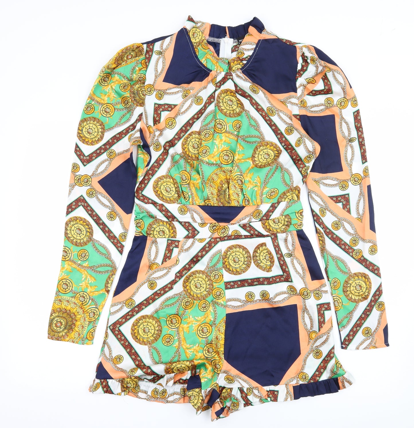 PRETTYLITTLETHING Womens Multicoloured Geometric Satin Playsuit One-Piece Size 8