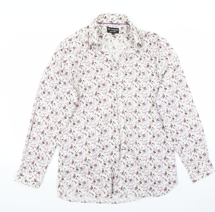 Marks and Spencer Mens White Floral Button-Up Size 16