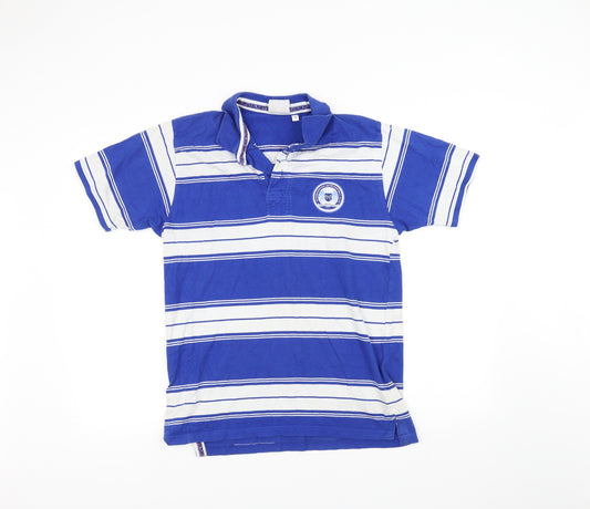 Front view of Peterborough United men’s blue striped polo, size M