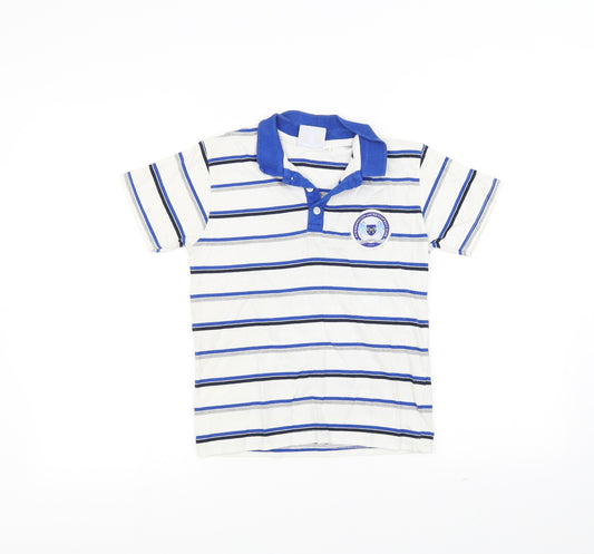 Front view of Peterborough United boys’ blue striped basic polo, size 7-8, years