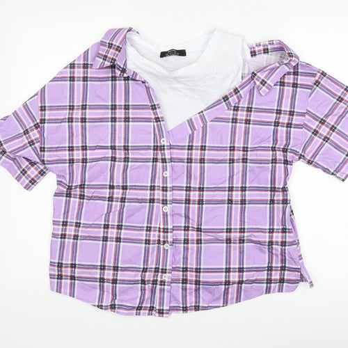 Bershka Womens Purple Check  Basic Button-Up Size L  - Cut Out Shoulder