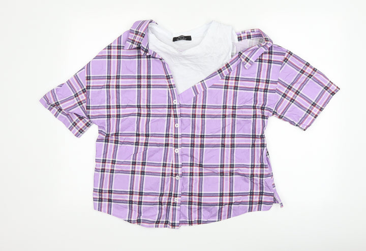 Bershka Womens Purple Check Basic Button-Up Size L - Cut Out Shoulder