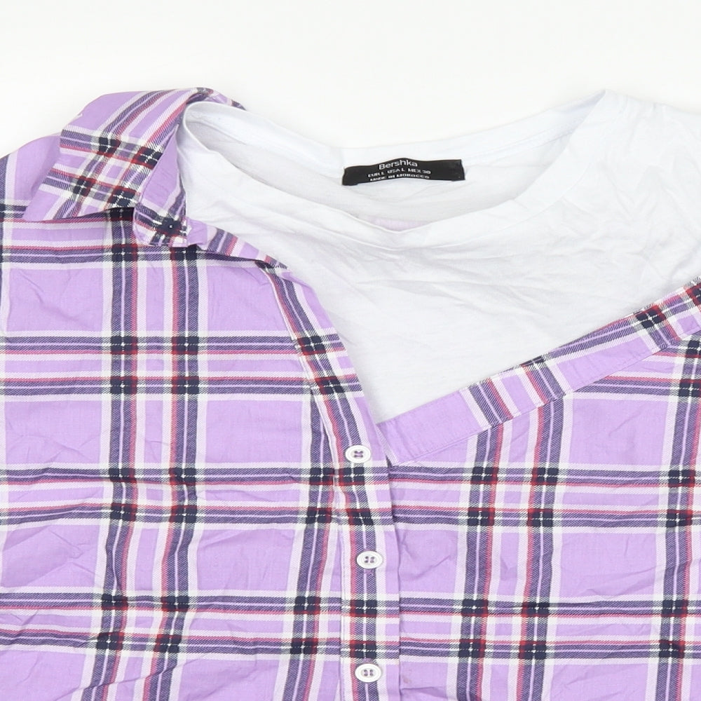 Bershka Womens Purple Check  Basic Button-Up Size L  - Cut Out Shoulder