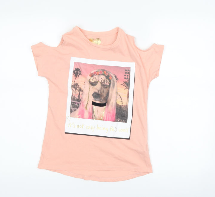 F&F Girls Pink   Basic T-Shirt Size 10-11 Years  - dog cut out shoulder