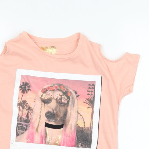 F&F Girls Pink   Basic T-Shirt Size 10-11 Years  - dog cut out shoulder