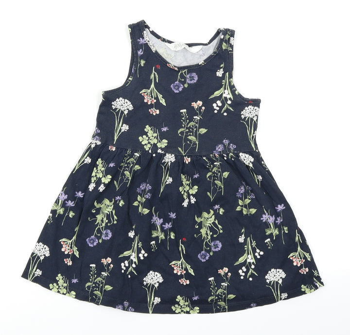 H&M Girls Blue Floral  Skater Dress  Size 2 Years