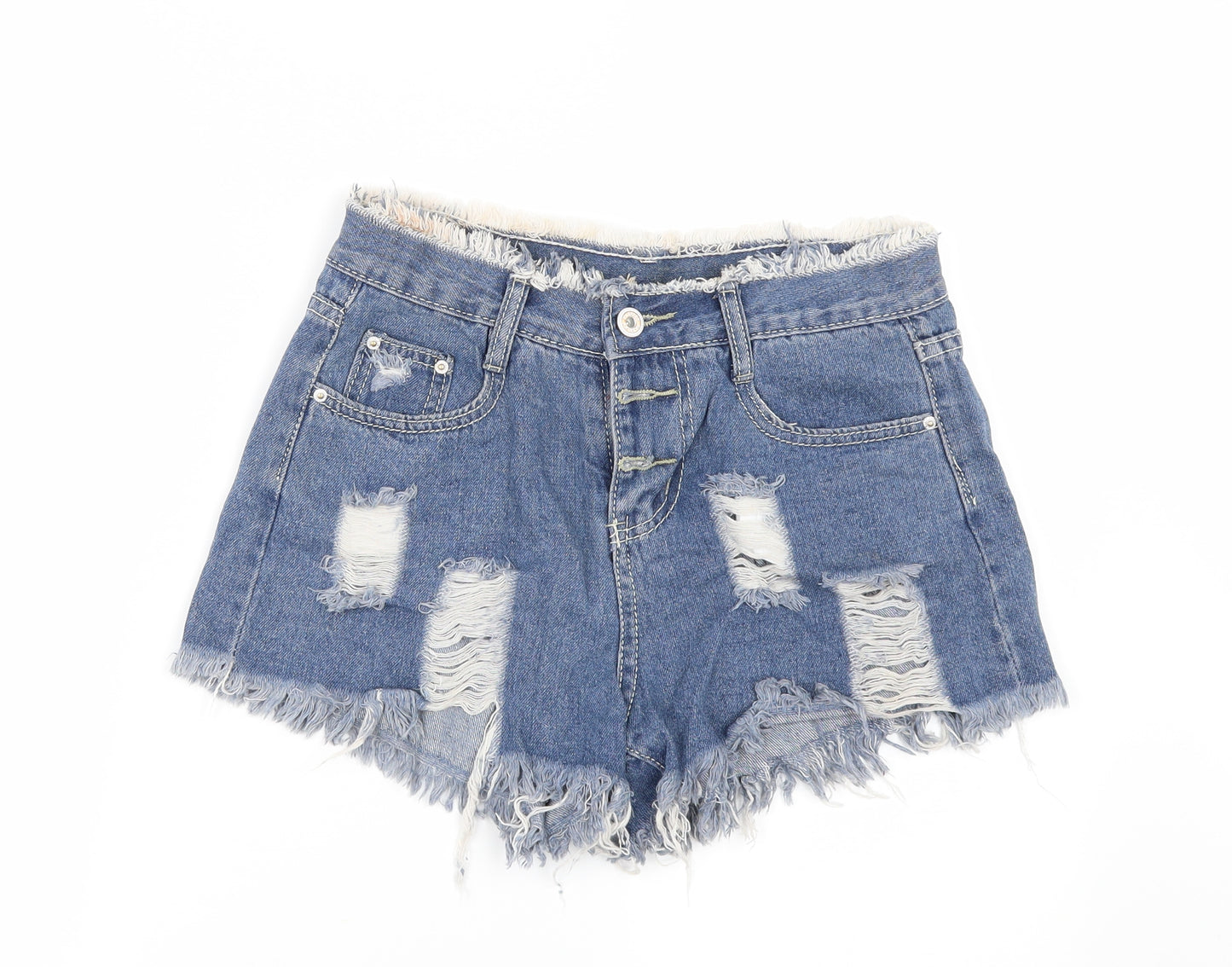 Preworn Womens Blue  Denim Hot Pants Shorts Size S - DISTRESSED