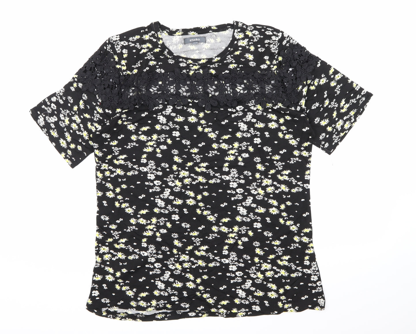 Studio Womens Black Floral  Basic T-Shirt Size 16