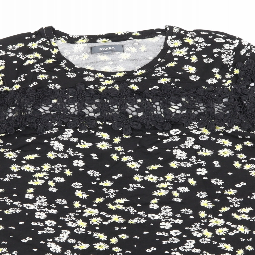 Studio Womens Black Floral  Basic T-Shirt Size 16
