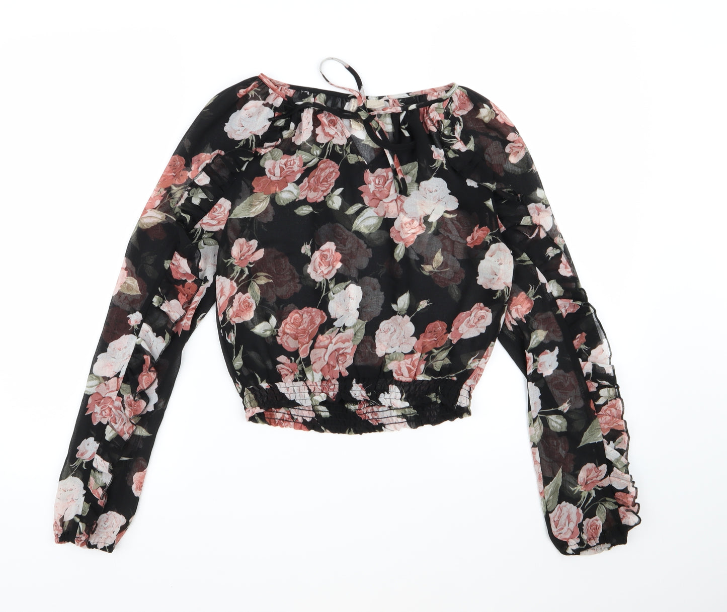 Divided by H&M Womens Black Floral Chiffon Cropped Blouse Size 6