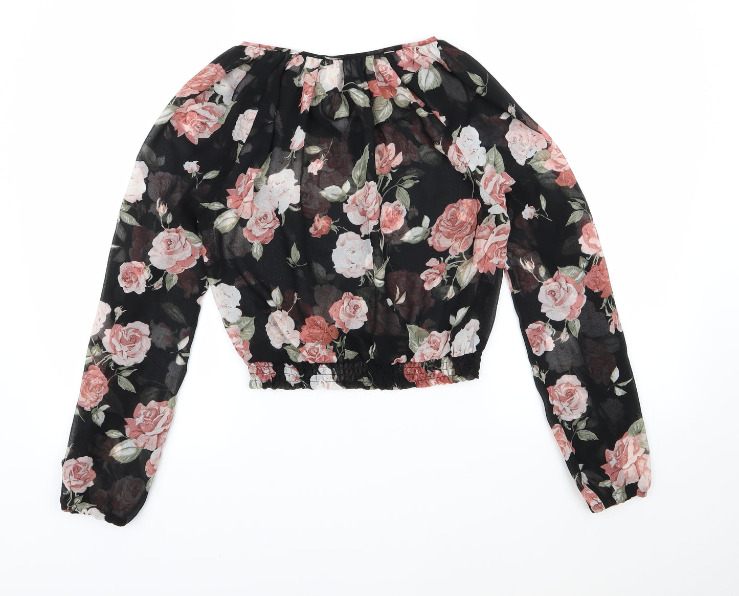 Divided by H&M Womens Black Floral Chiffon Cropped Blouse Size 6