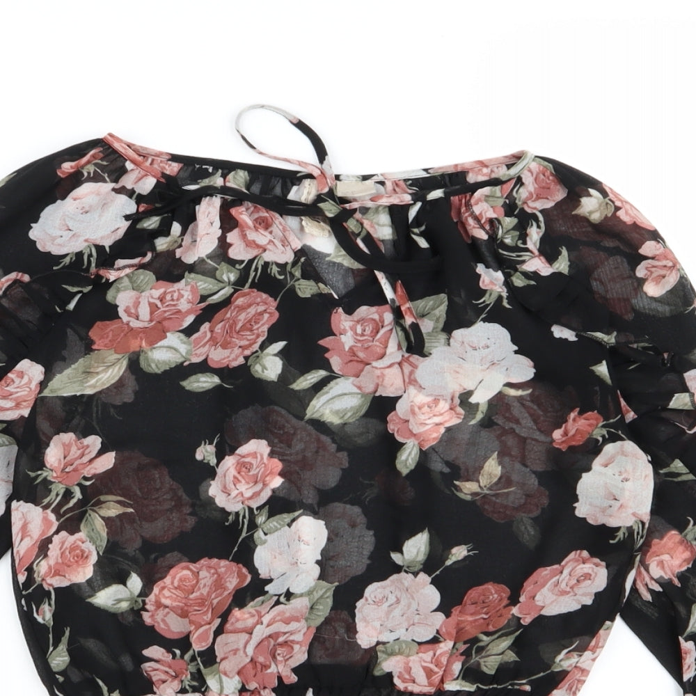 Divided by H&M Womens Black Floral Chiffon Cropped Blouse Size 6