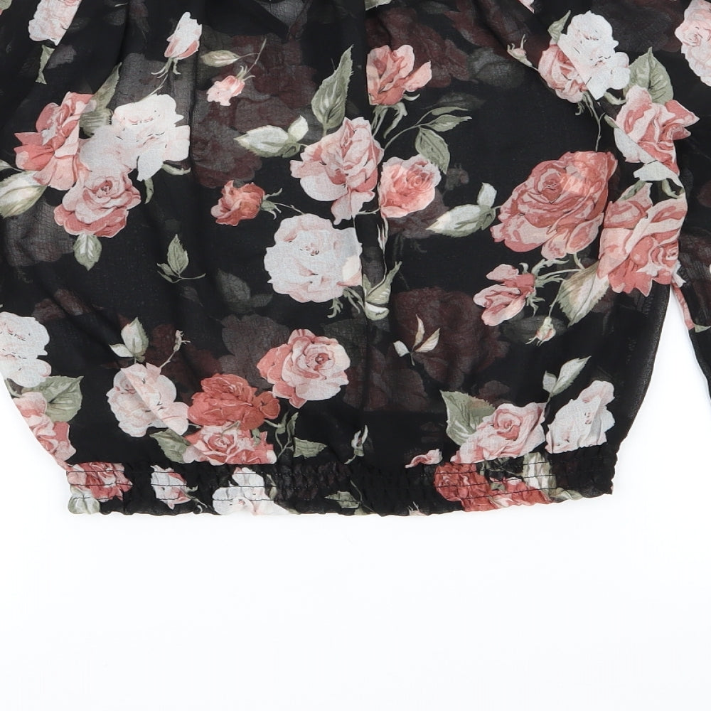 Divided by H&M Womens Black Floral Chiffon Cropped Blouse Size 6