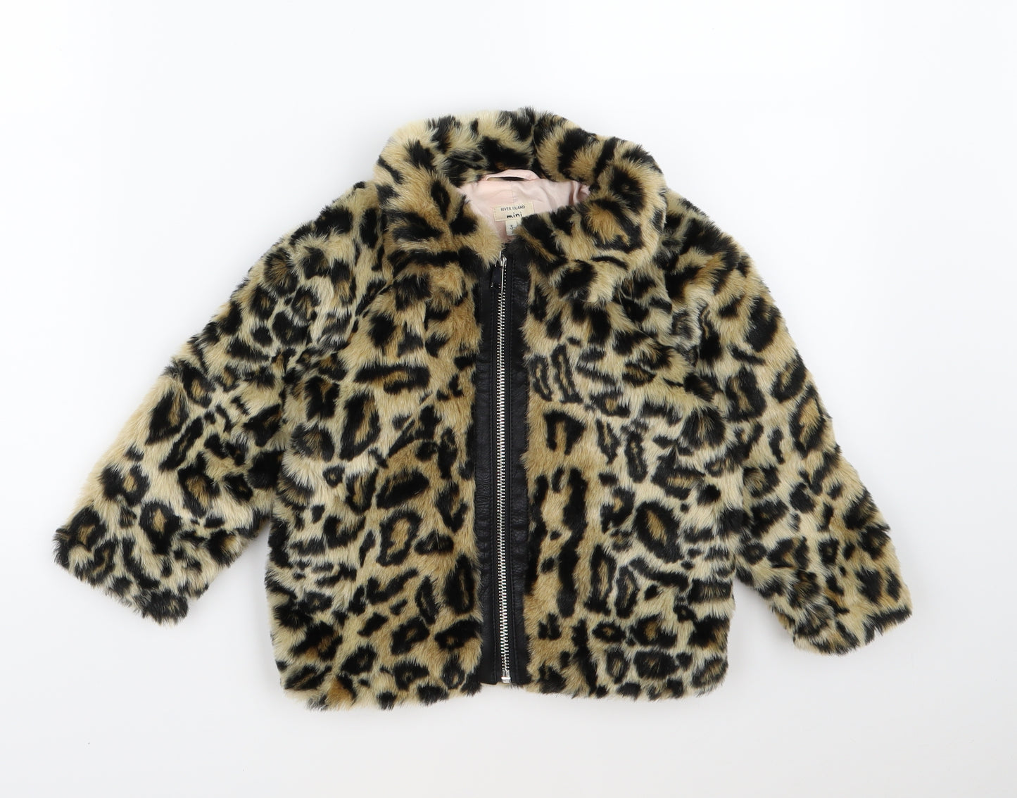 River Island Girls Brown Animal Print Fleece Basic Coat Coat Size 3-4 Years