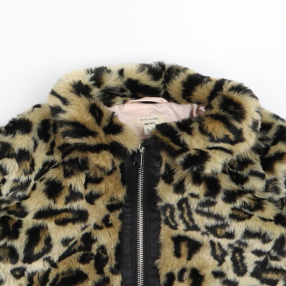 River Island Girls Brown Animal Print Fleece Basic Coat Coat Size 3-4 Years