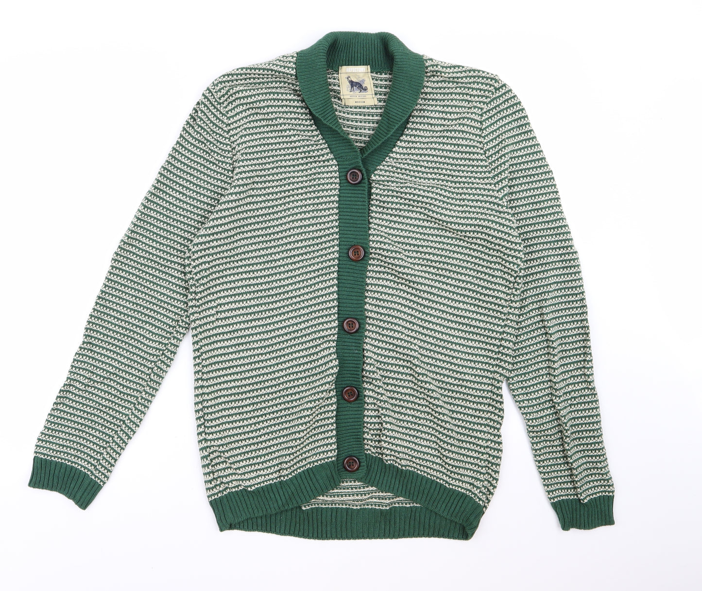 Refectory Mens Green Striped Knit Cardigan Jumper Size M