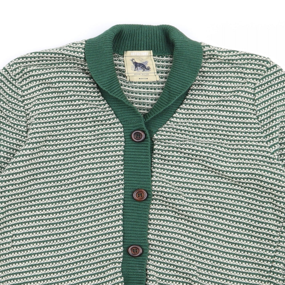 Refectory Mens Green Striped Knit Cardigan Jumper Size M