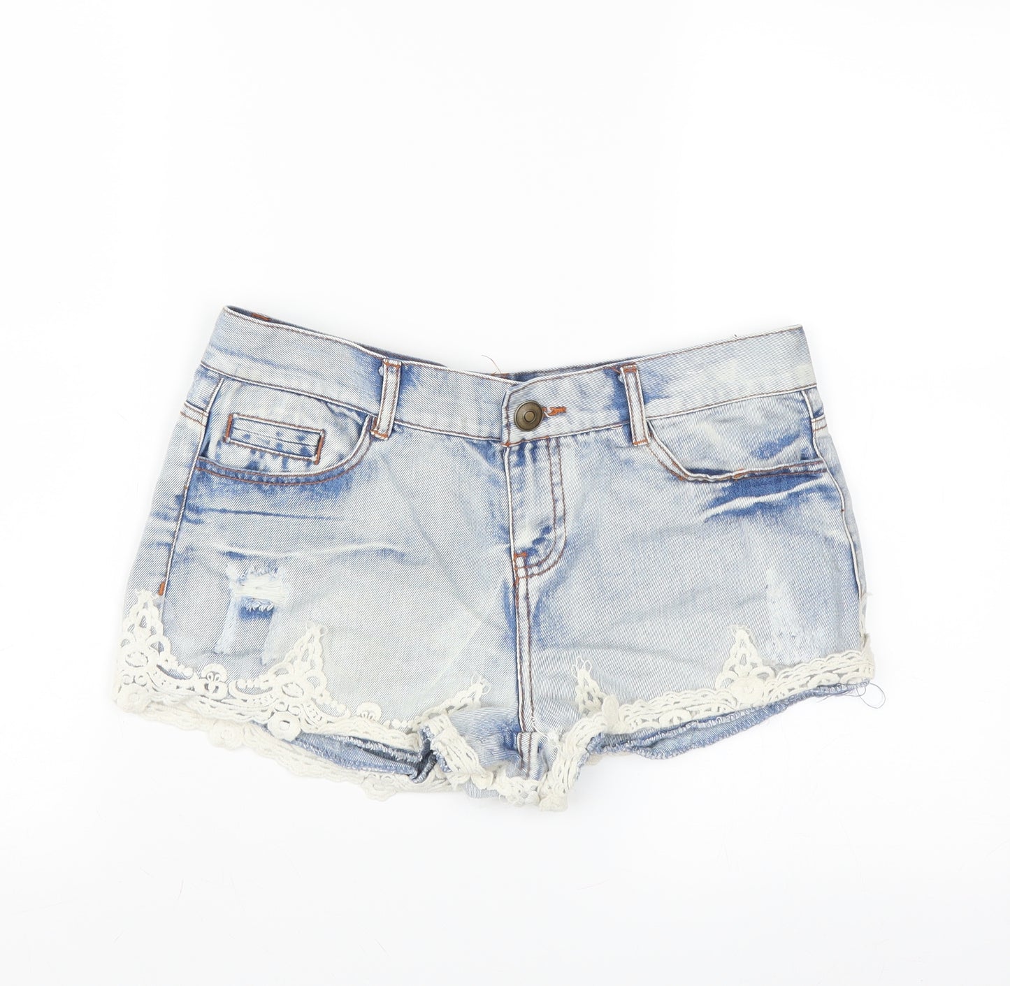Primark Womens Black  Denim Hot Pants Shorts Size 12 - distressed lace hem