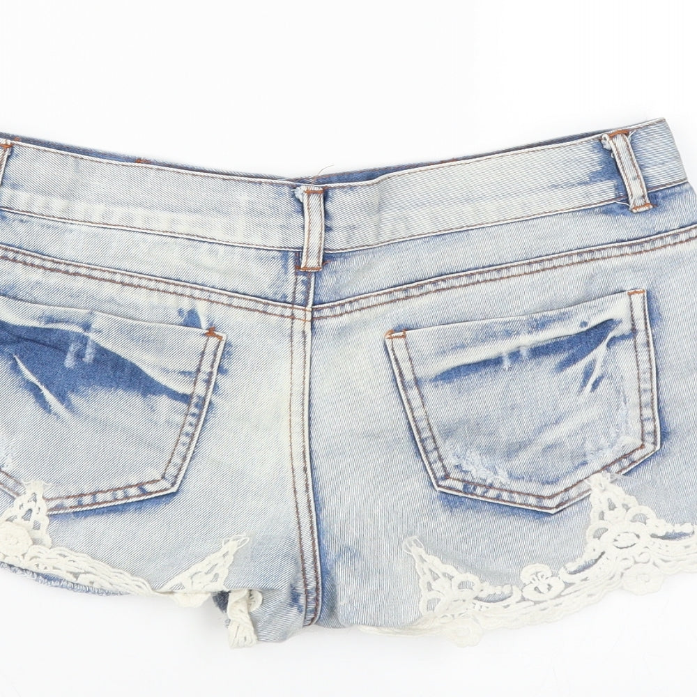 Primark Womens Black  Denim Hot Pants Shorts Size 12 - distressed lace hem