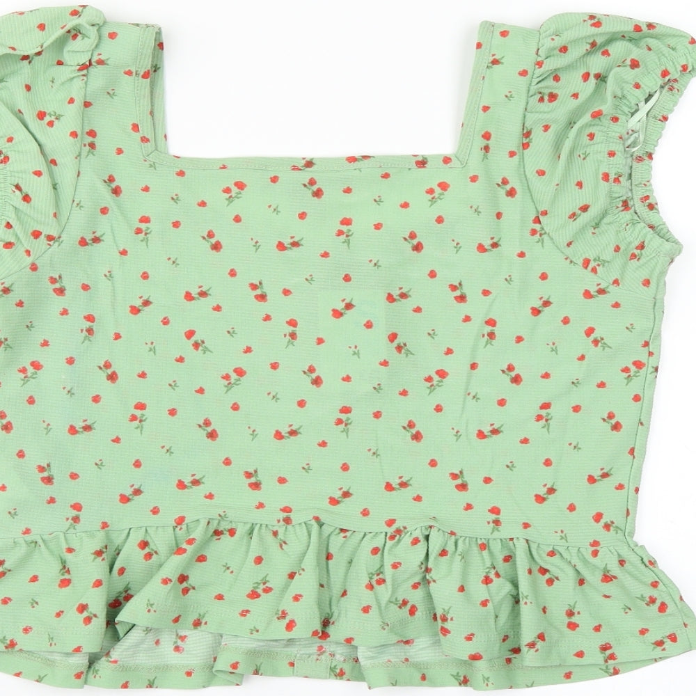 Primark Womens Green Floral  Basic Blouse Size S  - ruffle hem