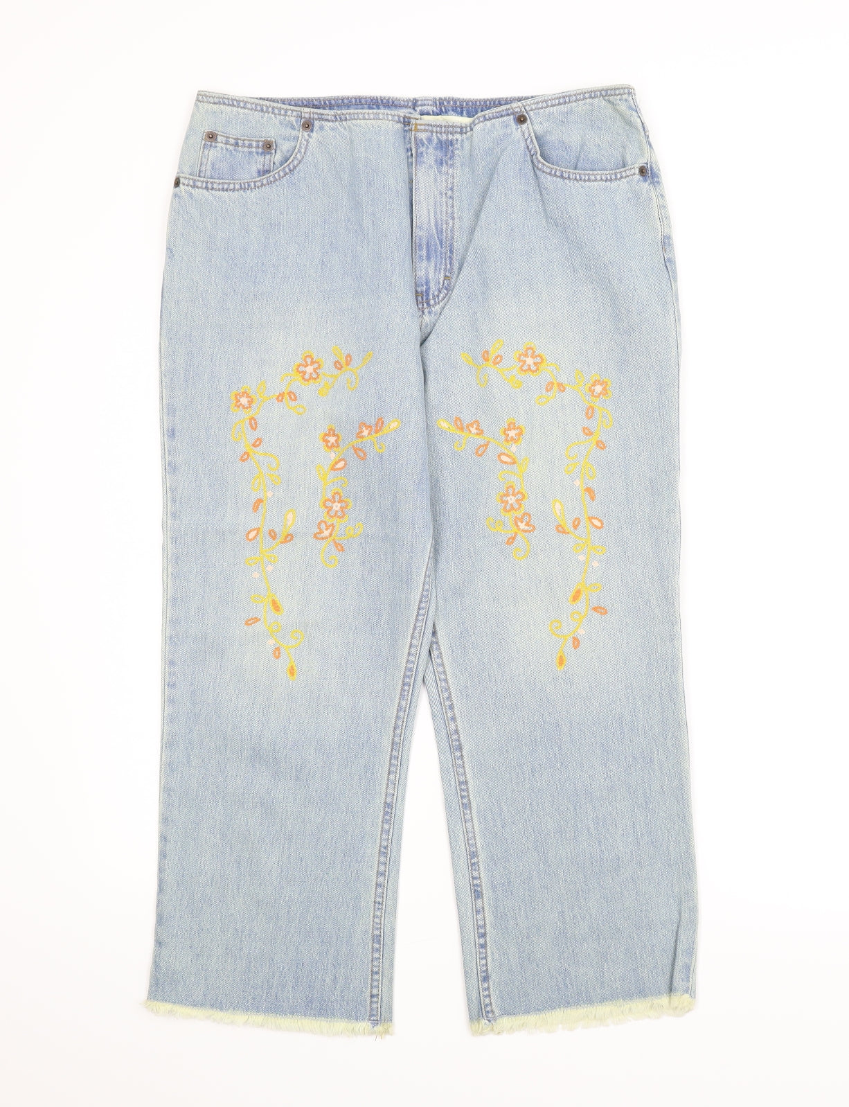 M&S Womens Blue Floral Denim Straight Jeans Size 16 L24 in