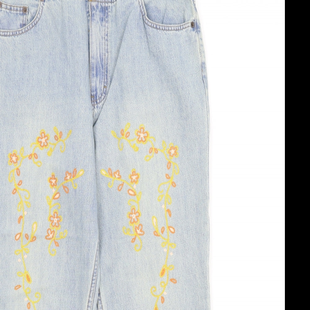 M&S Womens Blue Floral Denim Straight Jeans Size 16 L24 in