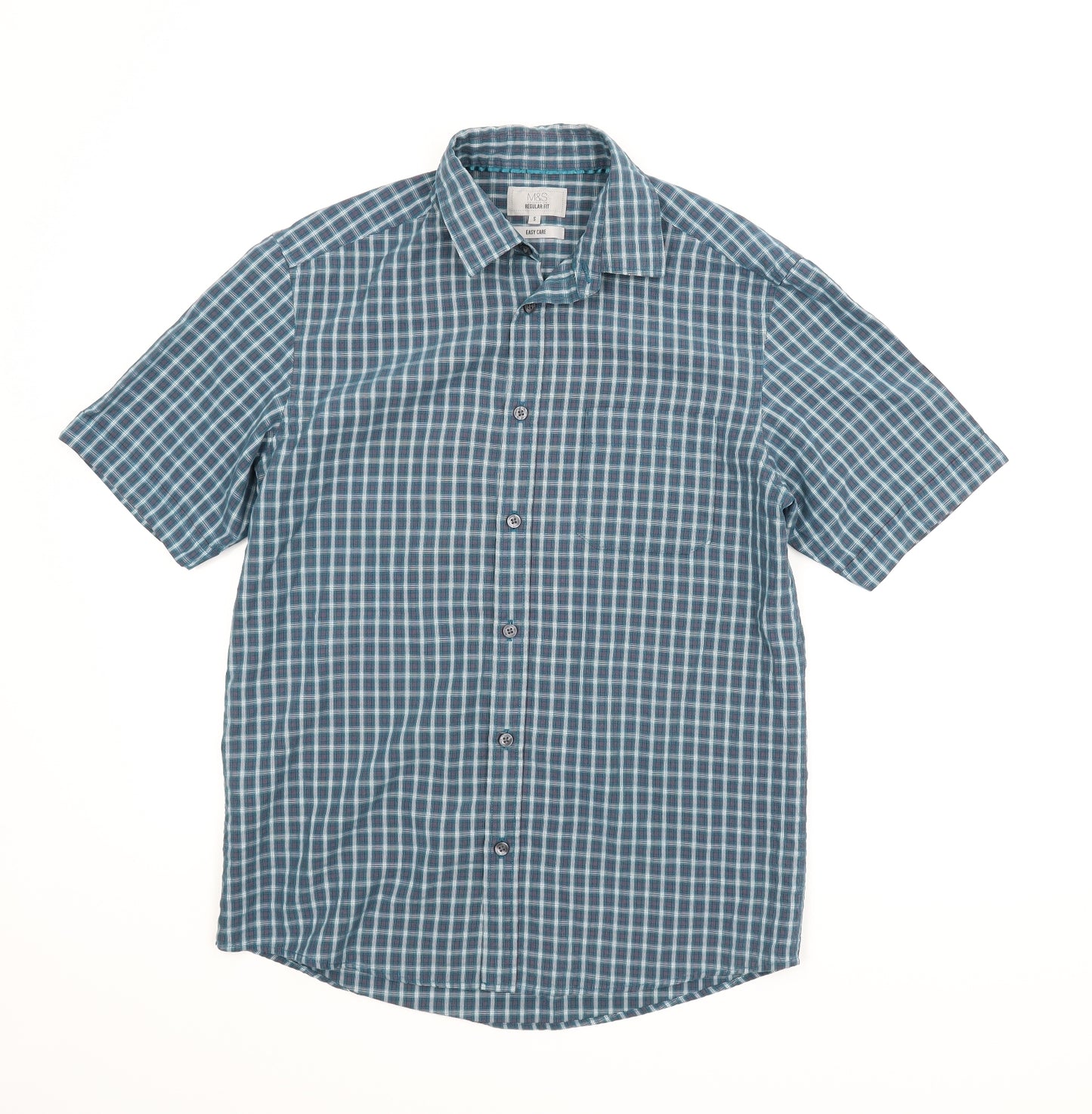 M&S Mens Blue Plaid   Button-Up Size S