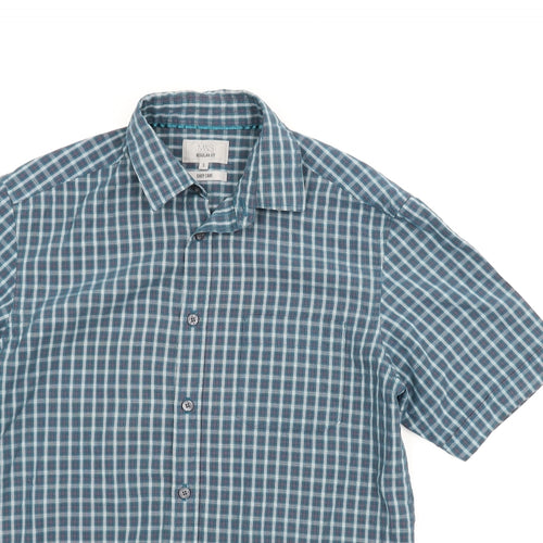 M&S Mens Blue Plaid   Button-Up Size S