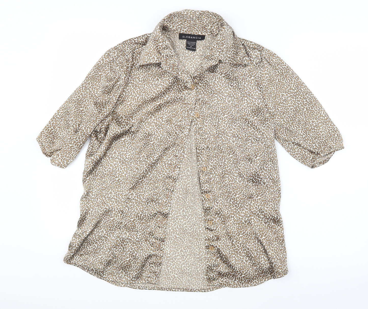 Elegancia Womens Brown Animal Print Satin Basic Blouse Size M