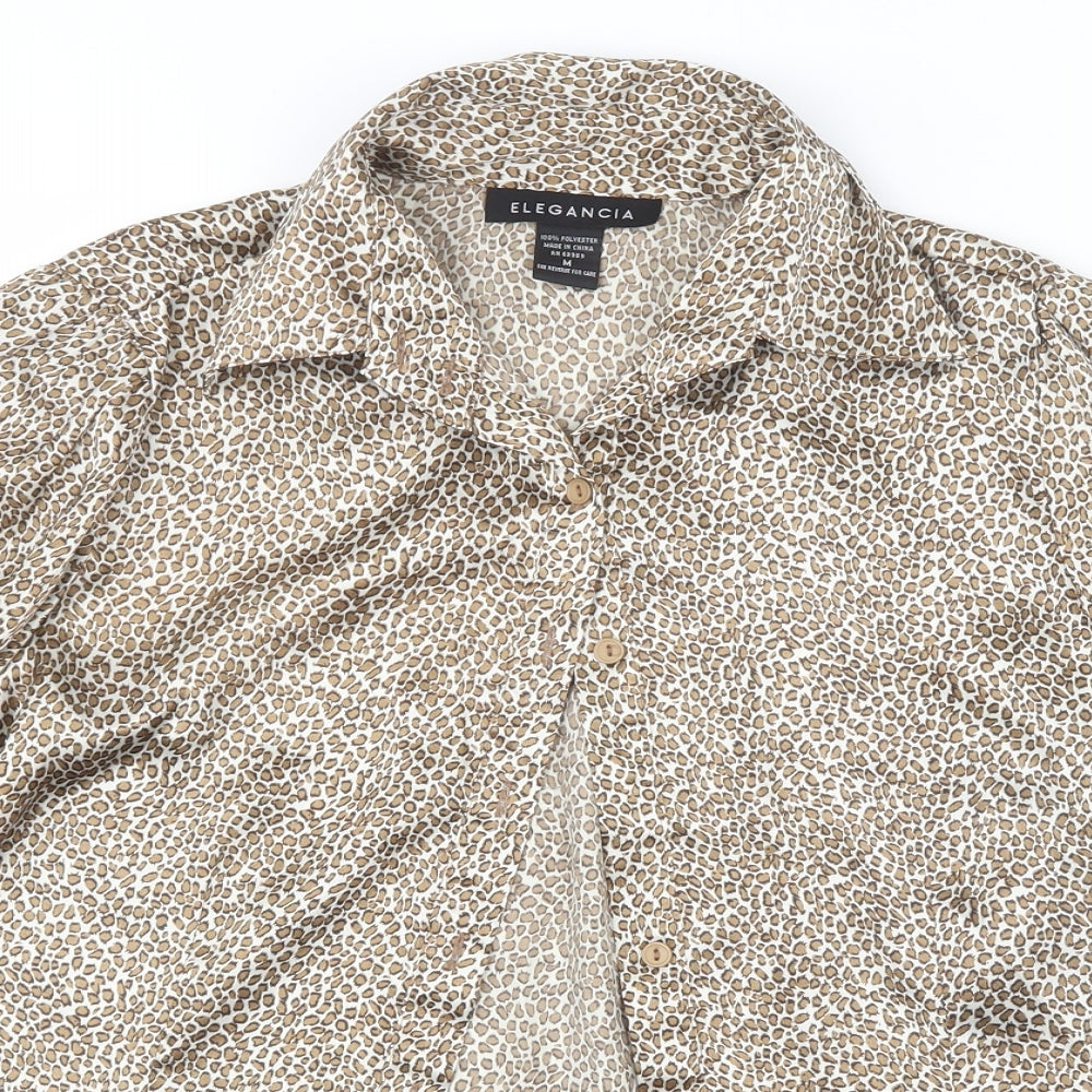 Elegancia Womens Brown Animal Print Satin Basic Blouse Size M