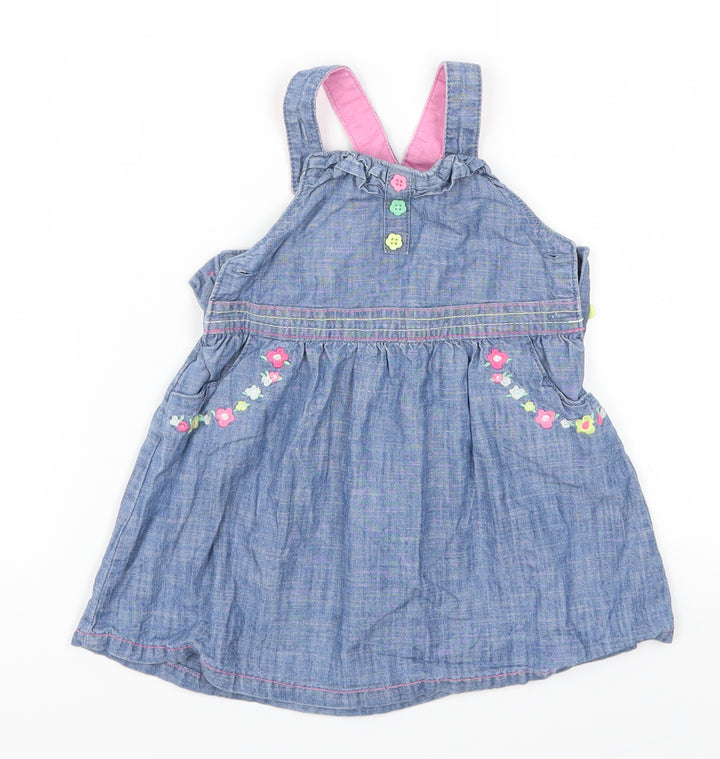 TU Girls Blue Floral Denim Pinafore/Dungaree Dress Size 9-12 Months