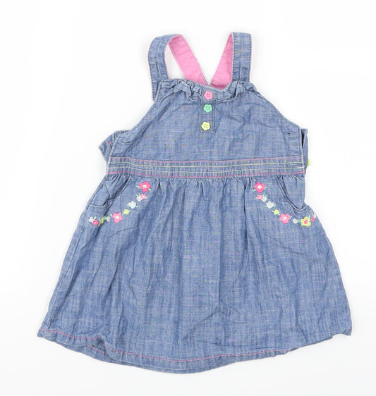 Front view of Tu girls’ blue floral denim pinafore/dungaree dress, size 9-12, months