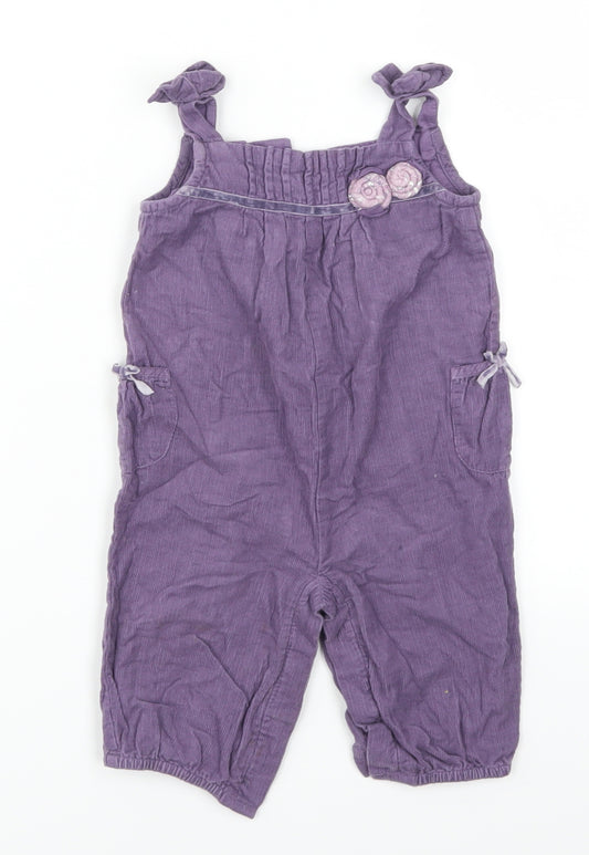 Front view of Monsoon girls’ purple corduroy romper one-piece, size 3-6, months