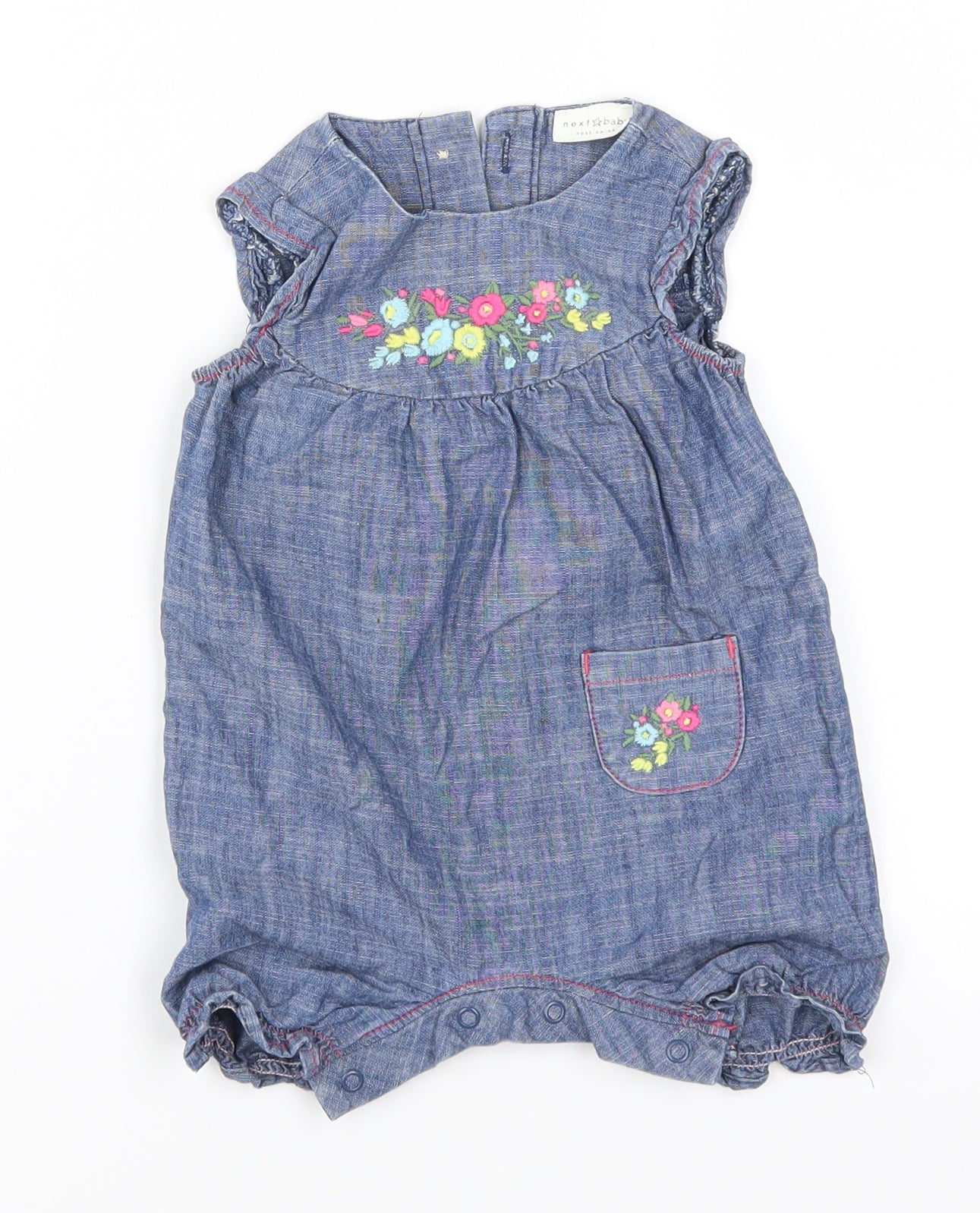 NEXT Girls Blue Floral Denim Romper One-Piece Size 6-9 Months