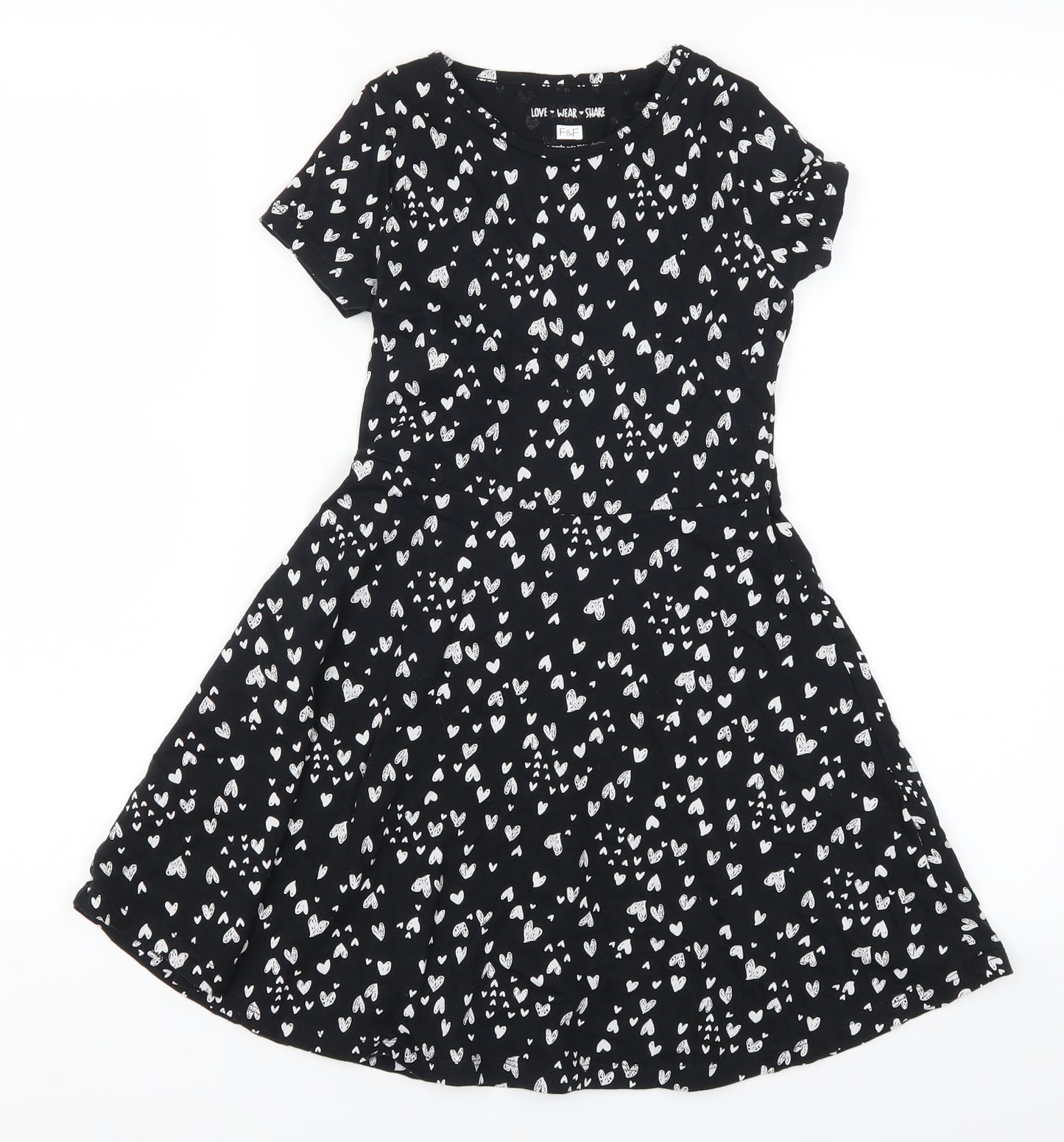 F&F Girls Black   Skater Dress  Size 8-9 Years  - Love Hearts