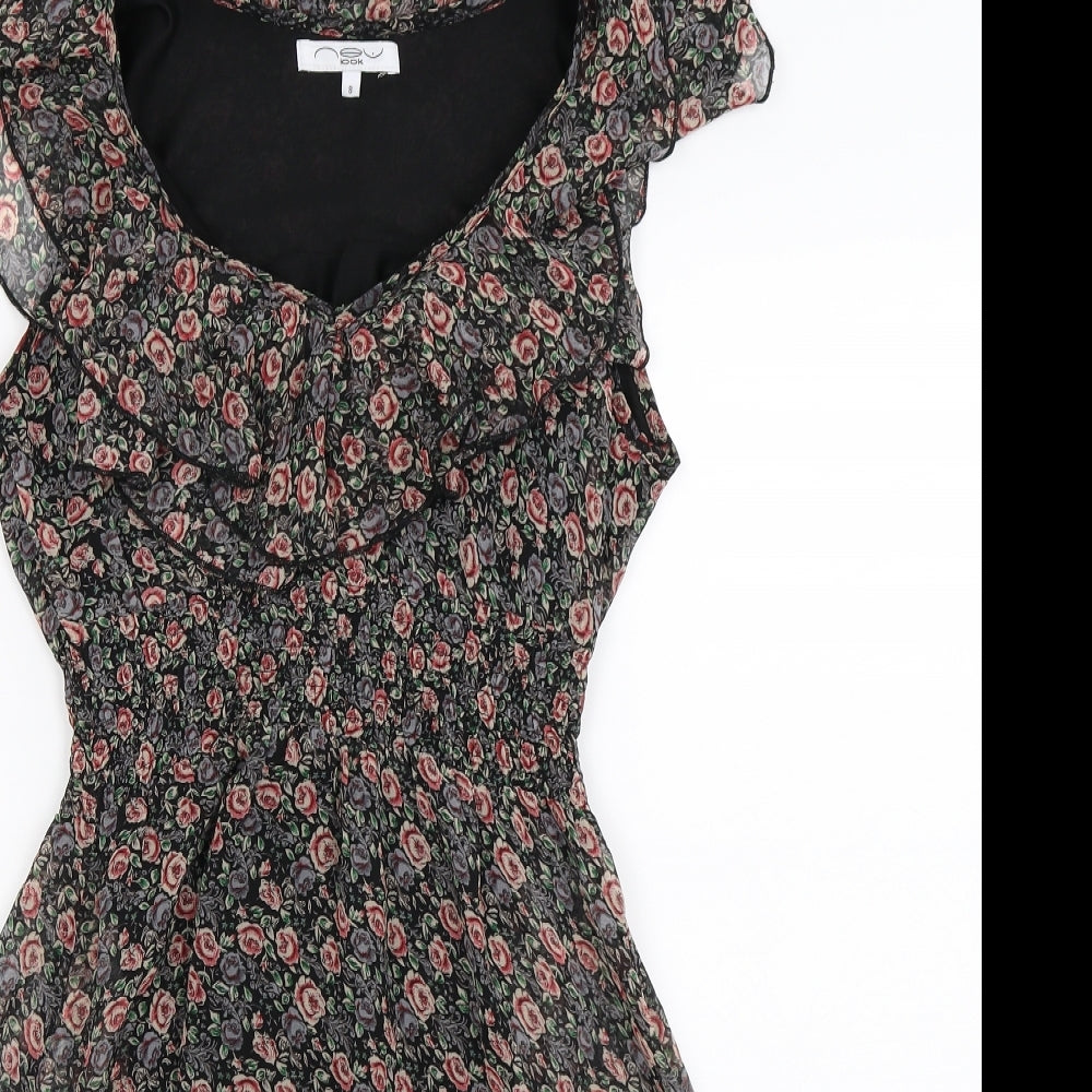 New Look  Womens Black Floral  A-Line  Size 8