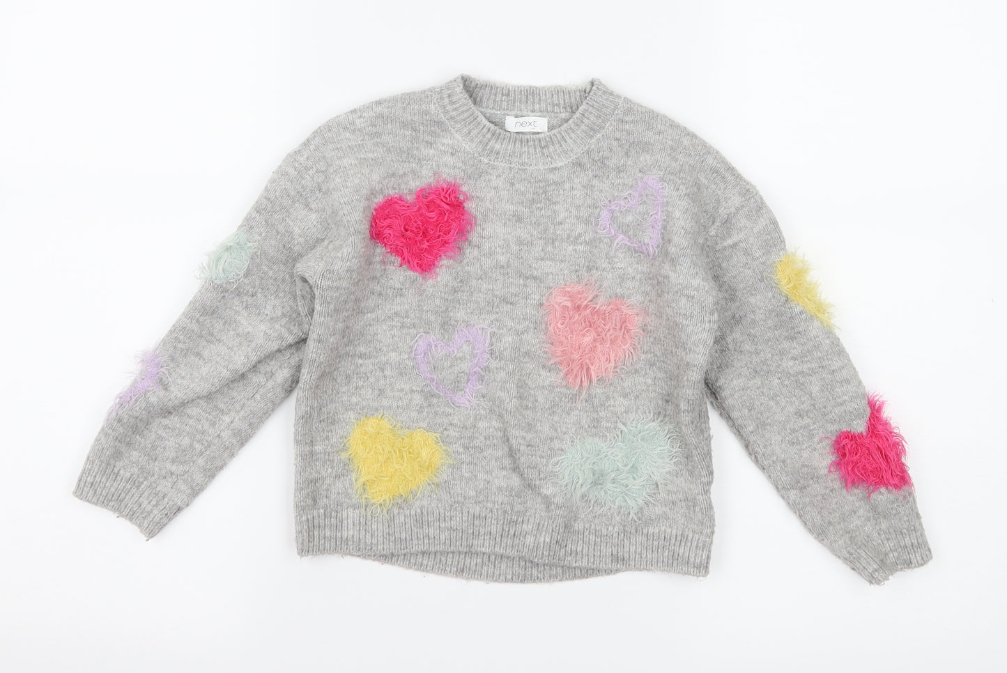 NEXT Girls Grey Geometric Knit Pullover Jumper Size 5 Years  - Love hearts