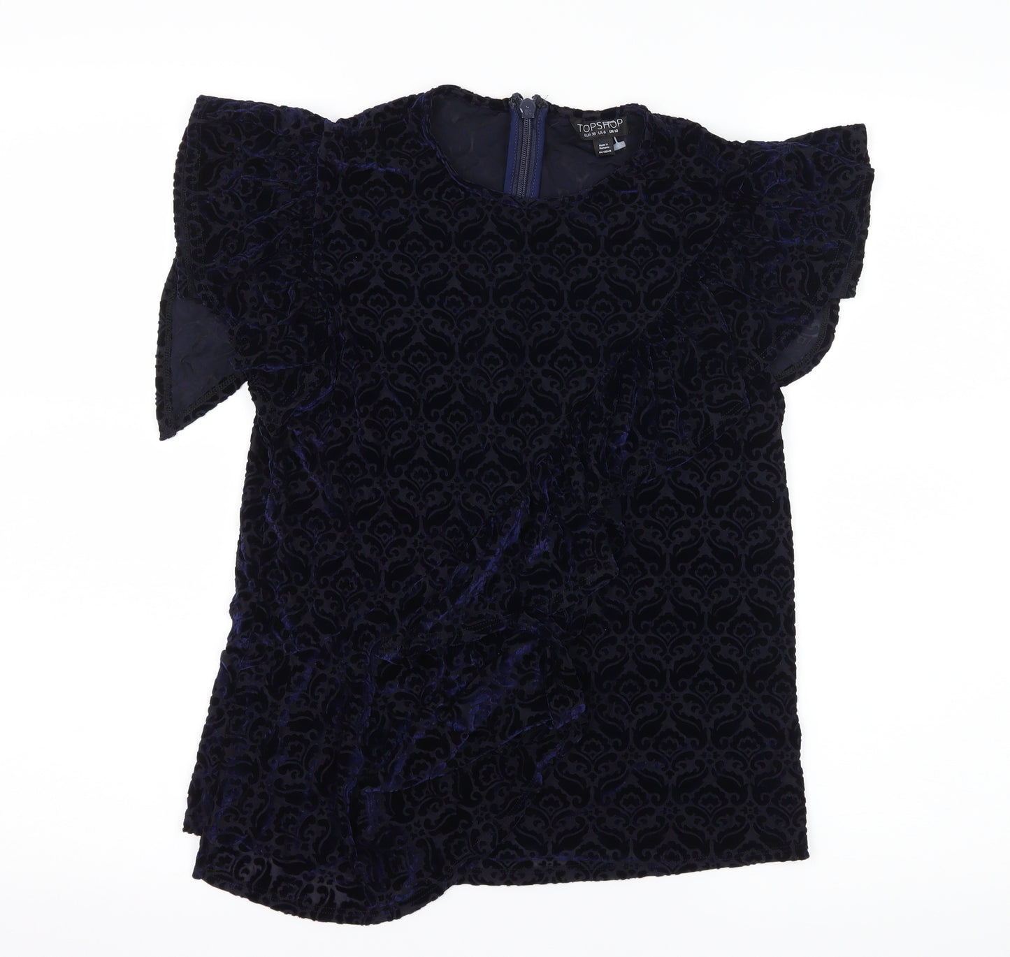 Topshop Womens Blue Geometric Velvet Basic Blouse Size 10