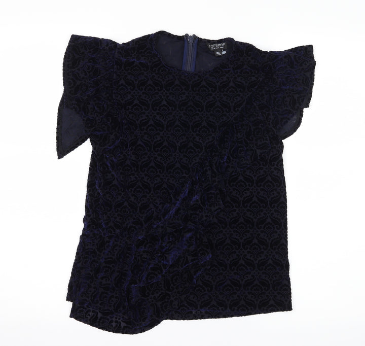Topshop Womens Blue Geometric Velvet Basic Blouse Size 10