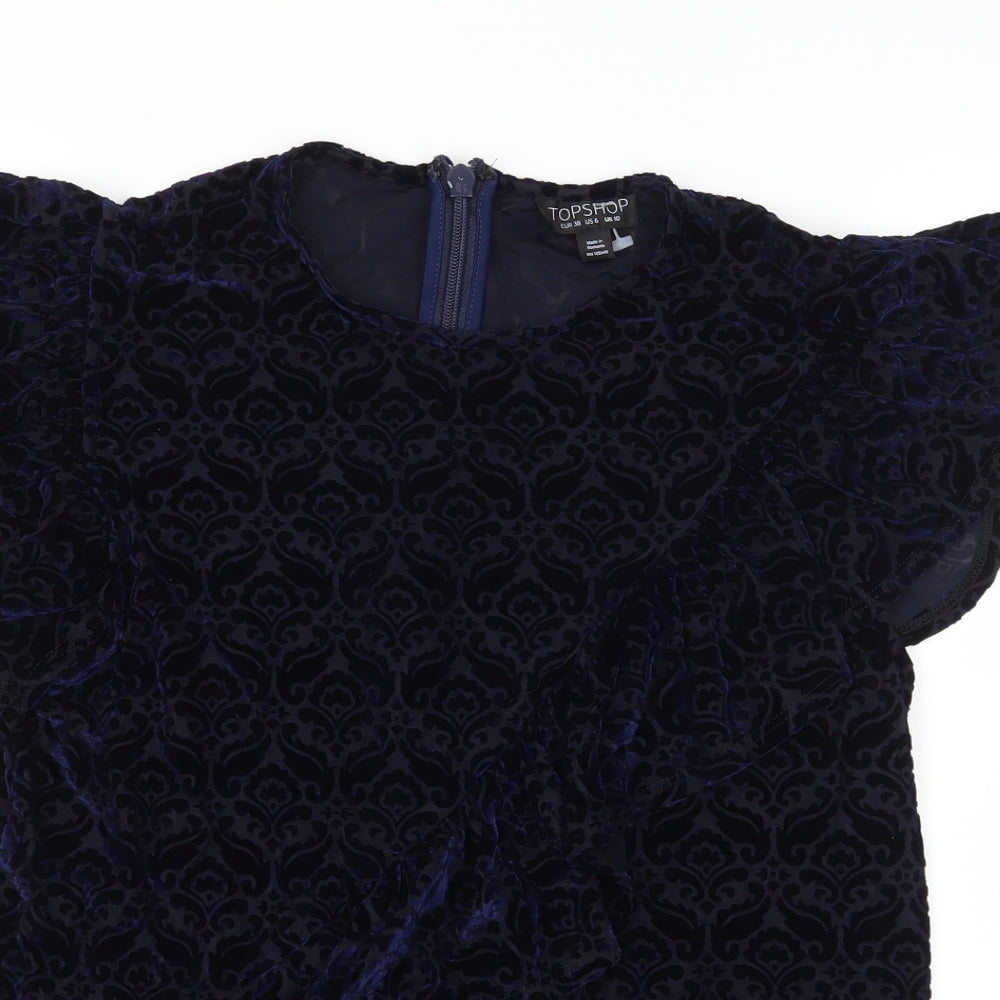 Topshop Womens Blue Geometric Velvet Basic Blouse Size 10