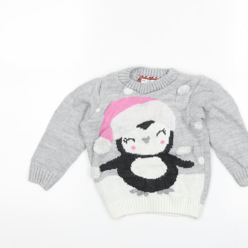 Preworn Girls Grey   Pullover Jumper Size 3-4 Years  - christmas penguin