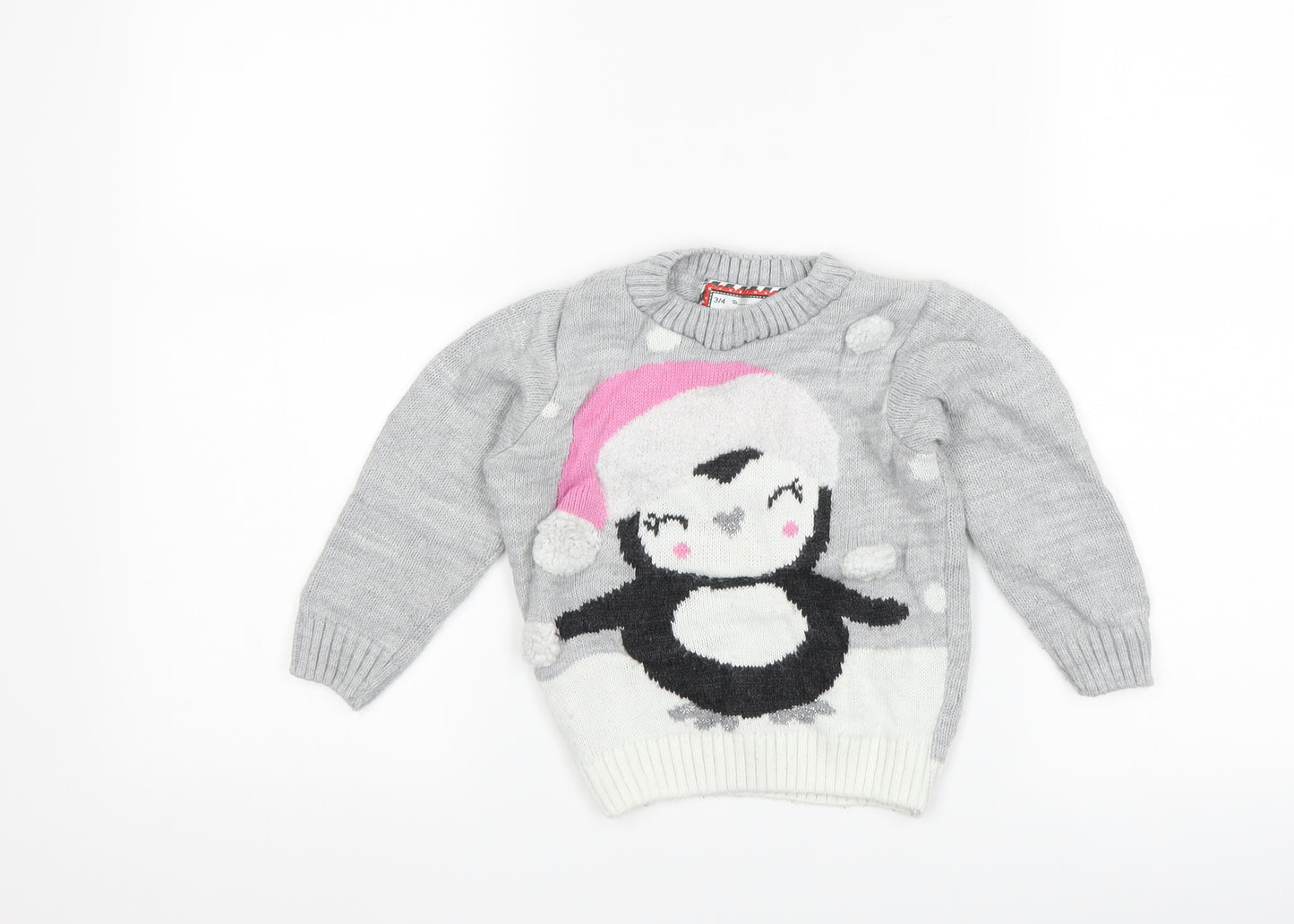 Preworn Girls Grey   Pullover Jumper Size 3-4 Years  - christmas penguin