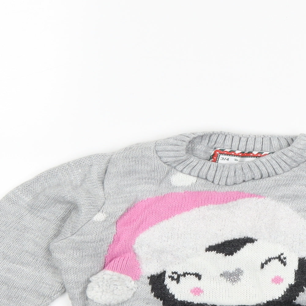 Preworn Girls Grey   Pullover Jumper Size 3-4 Years  - christmas penguin