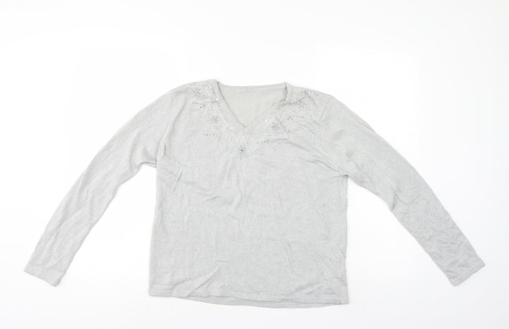 BM Womens Silver Floral  Pullover Jumper Size S