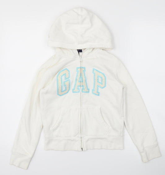Front view of Gap girls’ white full zip jumper, size M