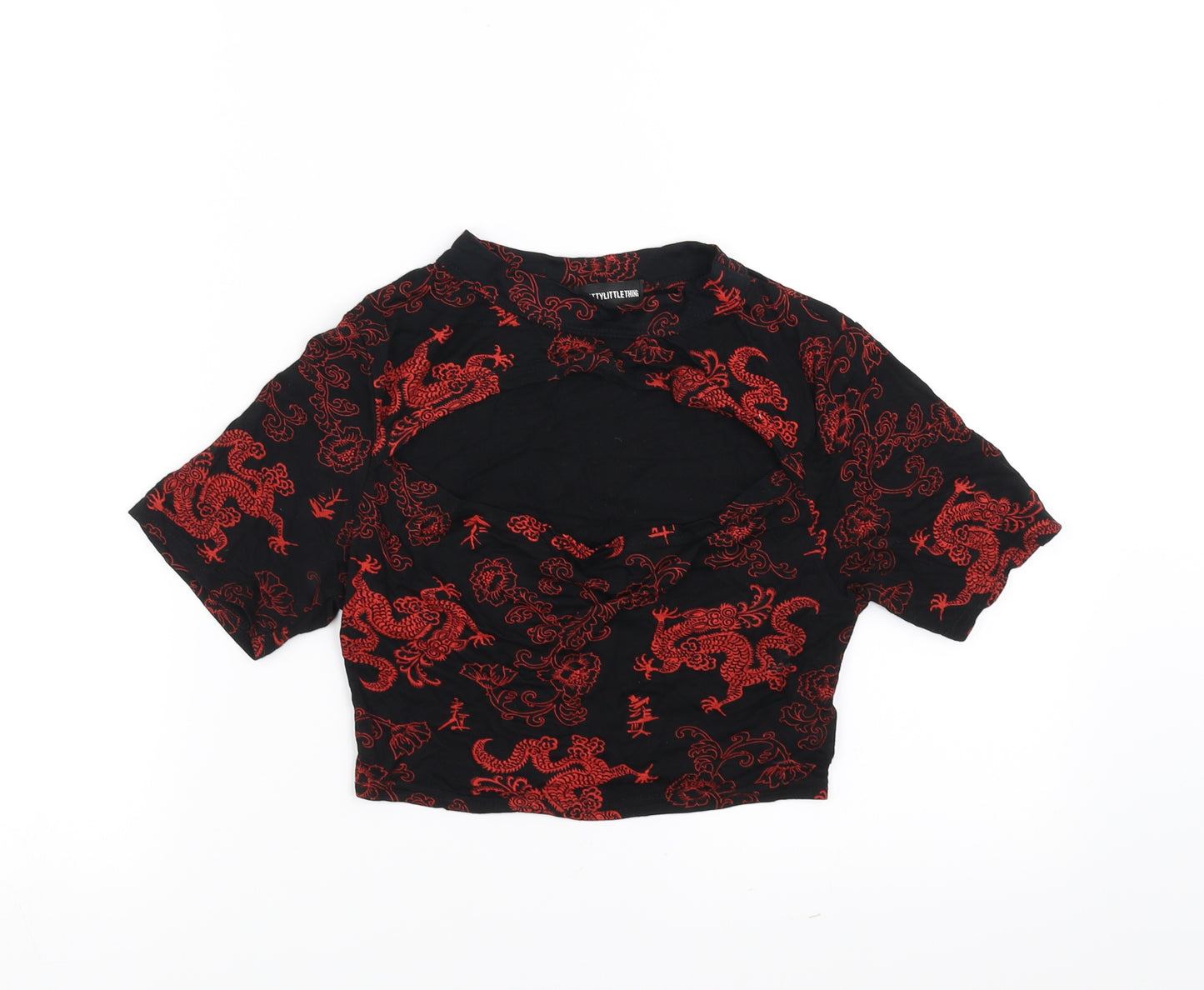 PRETTYLITTLETHING Womens Black   Cropped T-Shirt Size 10  - cut out detail, dragon print
